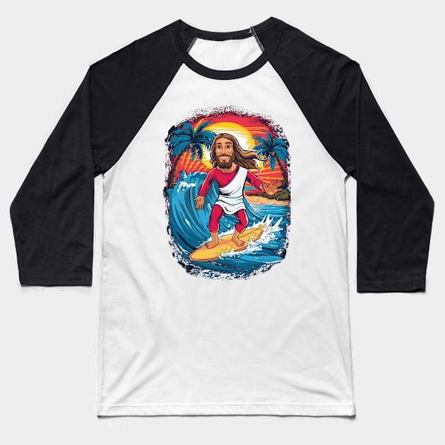 Surfing Jesus Baseball T-Shirt by BobaTeeStore